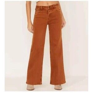 Cloe + Wolf Wide Leg Jeans Women 31X32 Copper Brown Denim Distressed Button Fly